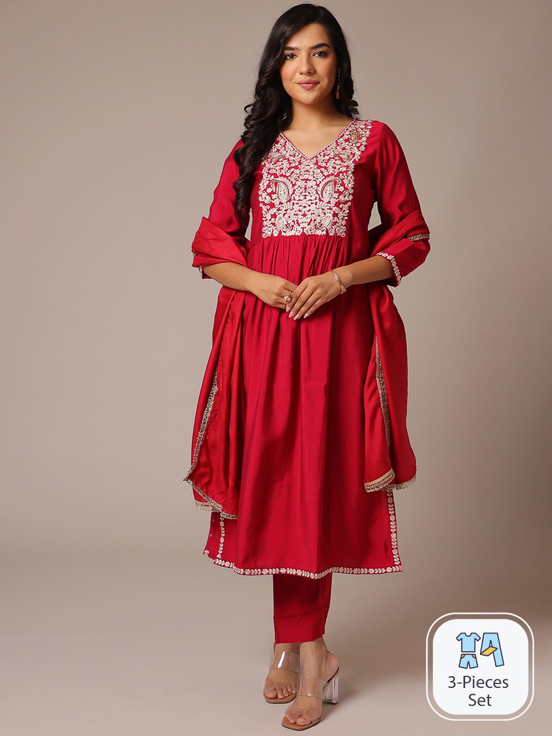 

ZARI Floral Yoke Design Chanderi Cotton Kurta & Palazzos With Dupatta, Pink
