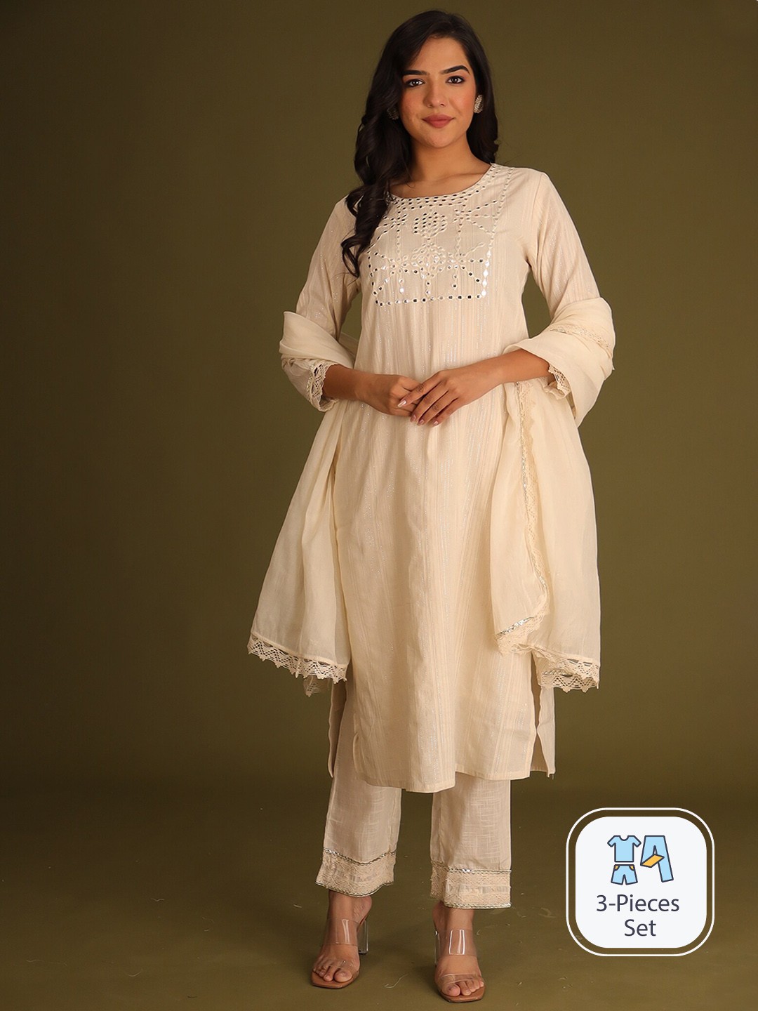 

ZARI Striped Mirror Work Detailed Straight Kurta & Trousers With Dupatta, Cream