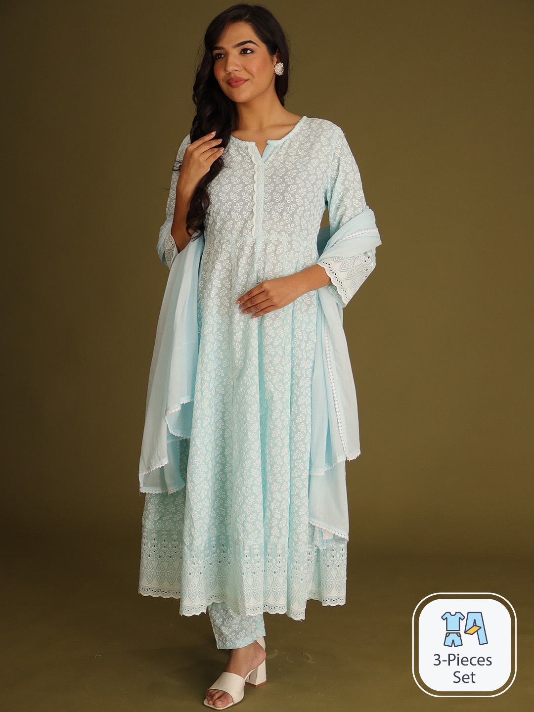 

ZARI Ethnic Motifs Embroidered Thread Work Anarkali Kurta & Trousers With Dupatta, Blue