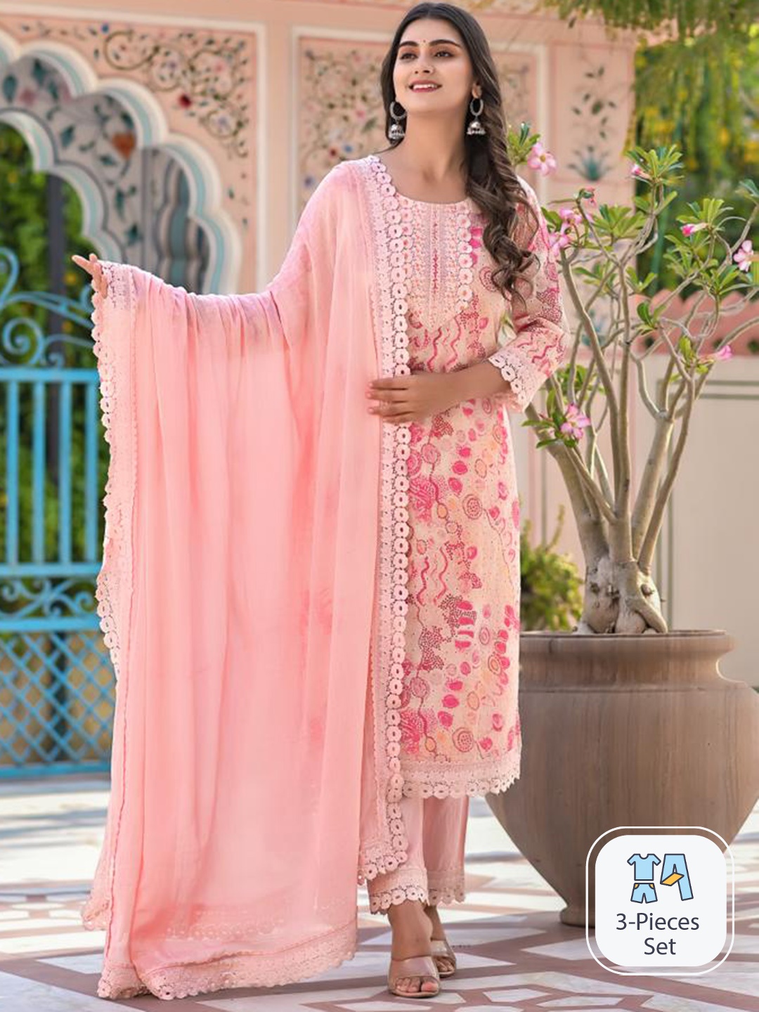 

ZARI Floral Printed Pure Cotton Straight Kurta & Trousers With Dupatta, Peach
