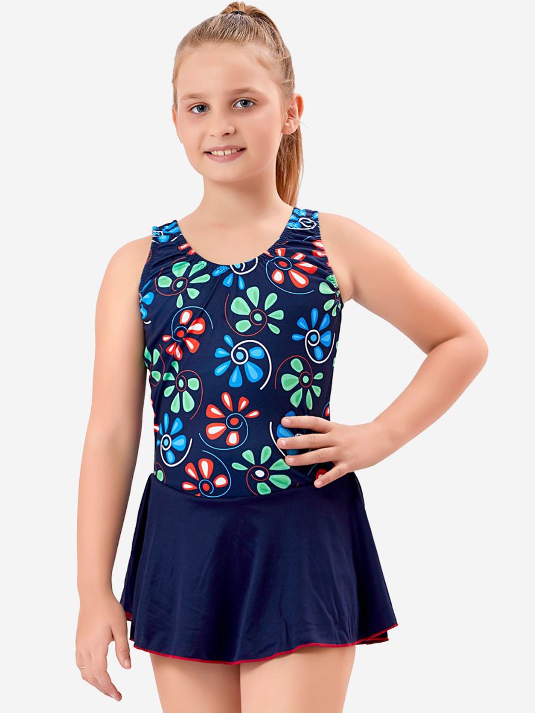 VELOZ Girls Floral Printed Swim Dress, Blue