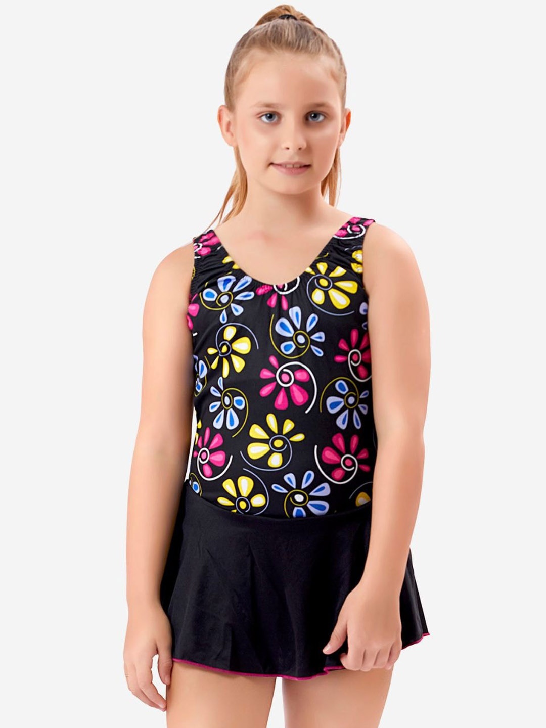 

VELOZ Girls Floral Printed Swim Dress, Black