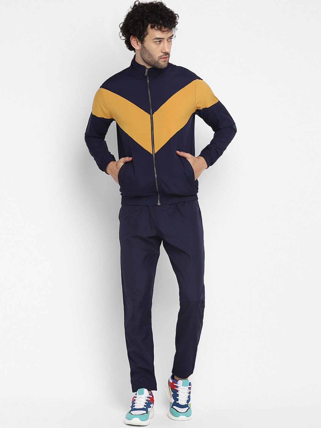 

Yuuki Men Colorblocked Mock Collar Jacket & Joggers, Navy blue