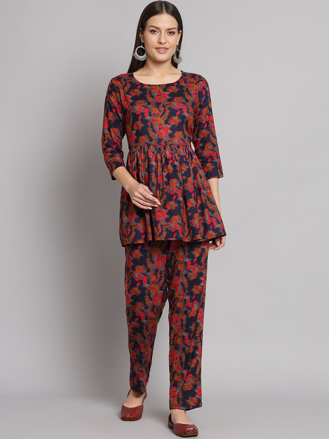 

KALINI Floral Printed A-Line Pure Cotton Top & Trouser, Red