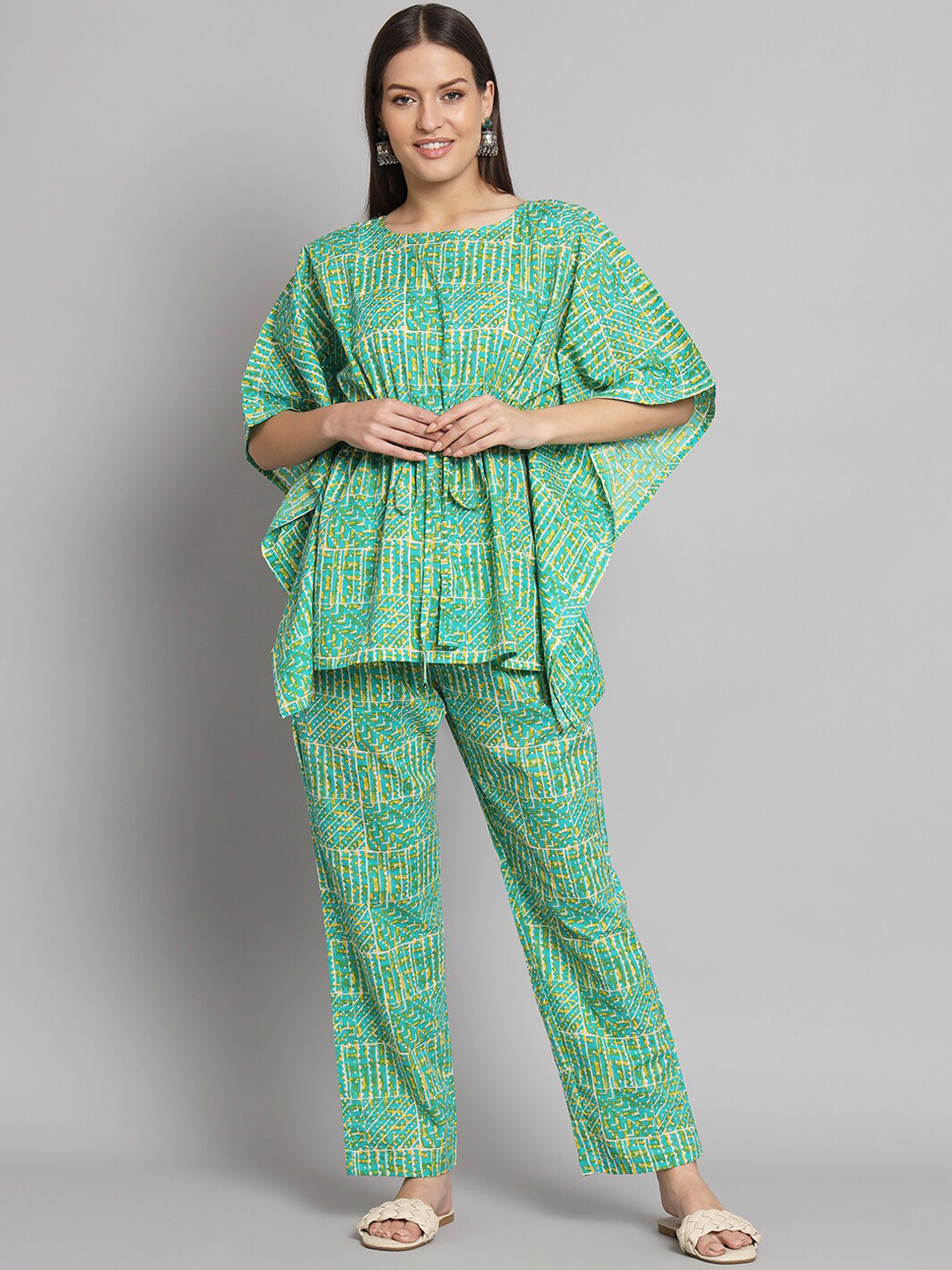 

KALINI Ethnic Motifs Printed Pure Cotton Kaftan Top With Trousers, Green