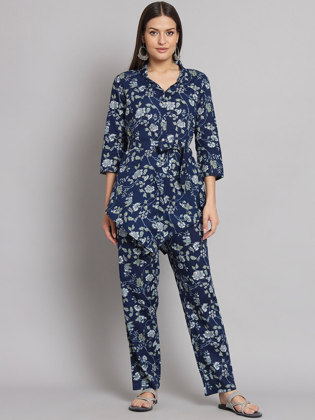 

KALINI Floral Printed Shirt Collar Pure Cotton Top With Trousers, Navy blue