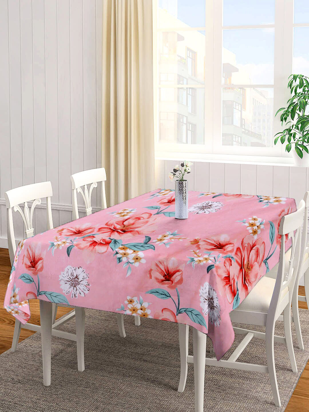 

KLOTTHE Pink & Red Floral Printed 6-Seater Table Cover