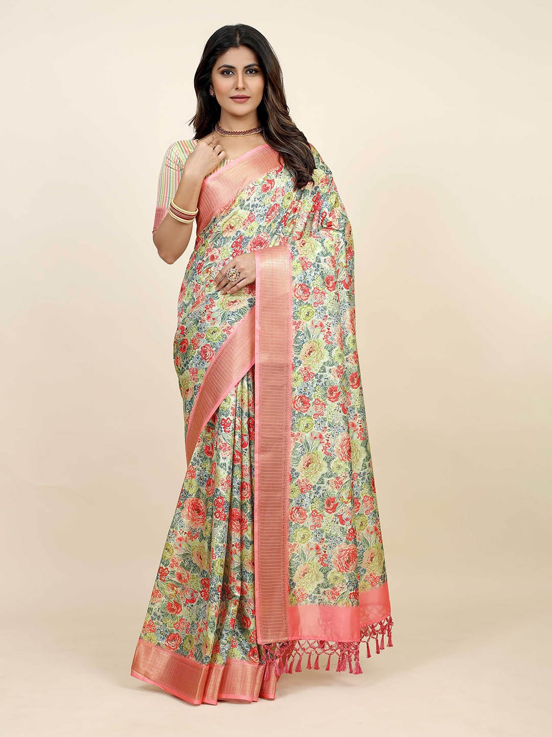 

Mitera Floral Printed Zari Saree, Pink