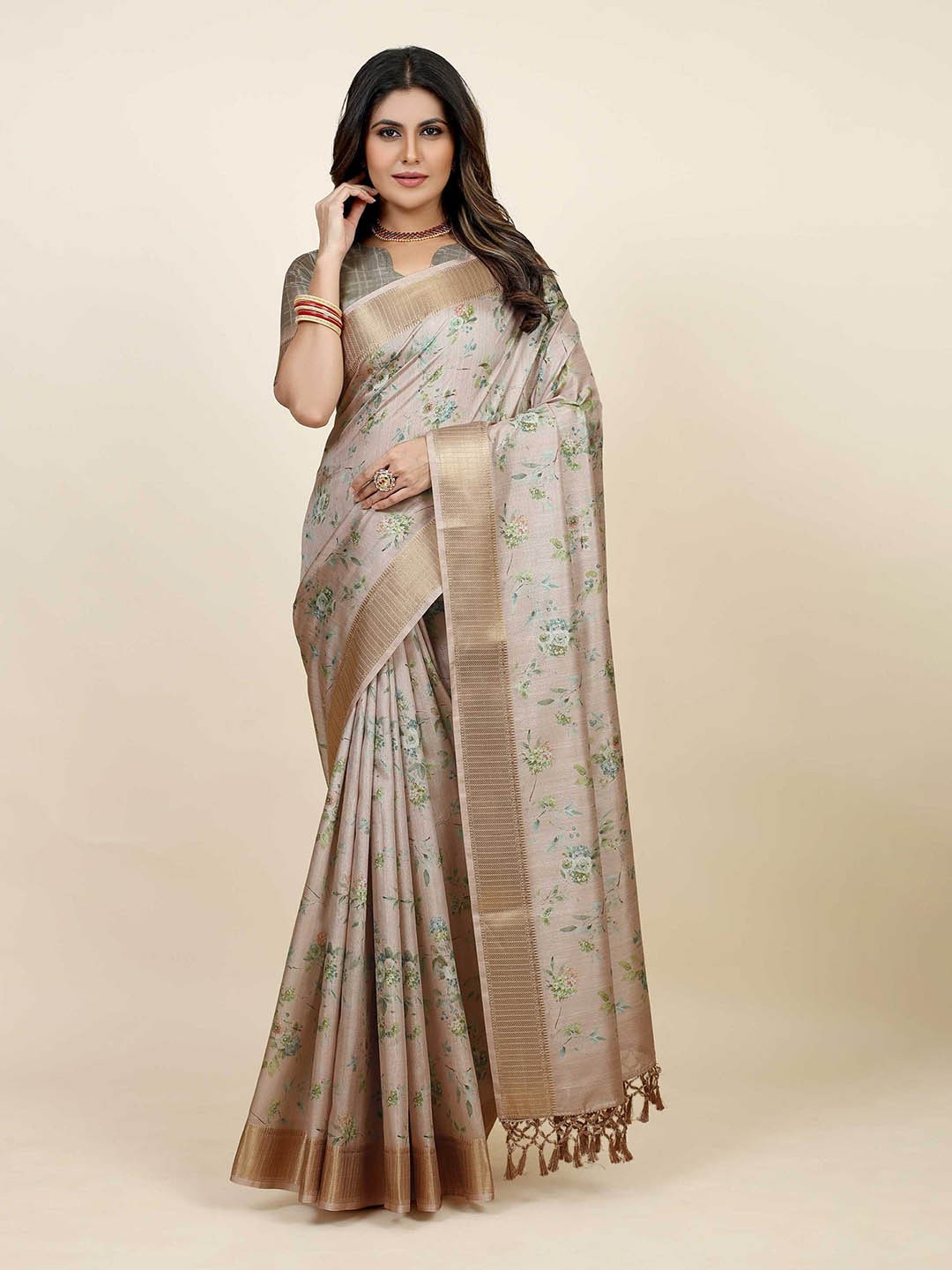 

Mitera Grey & Green Floral Printed Zari Saree