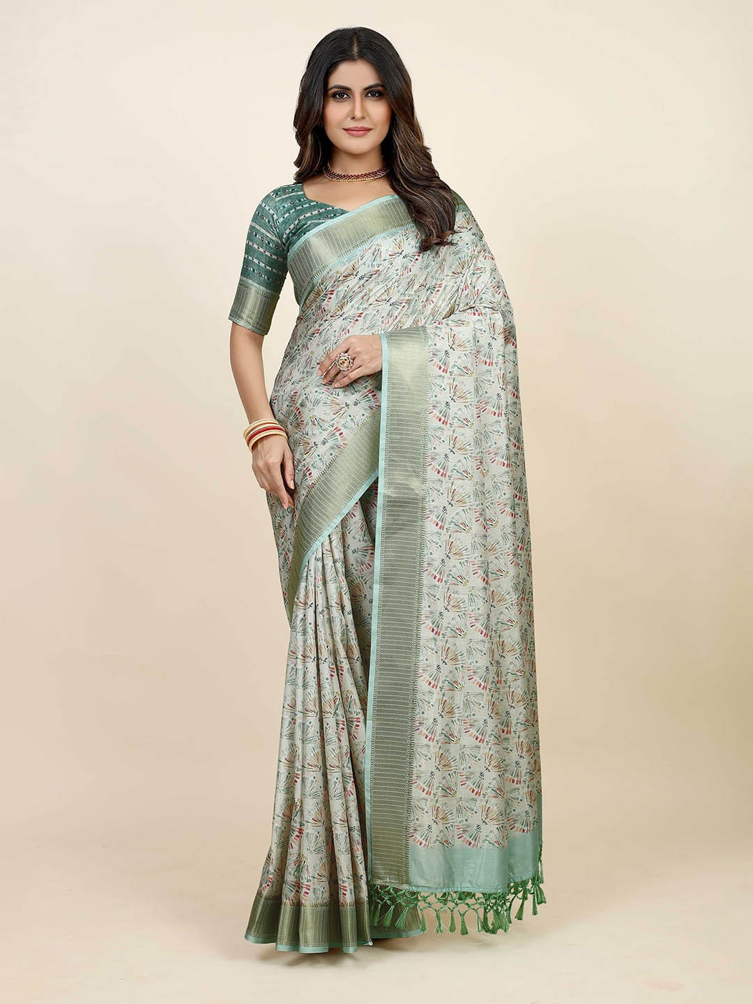 

Mitera Floral Printed Zari Saree, Blue