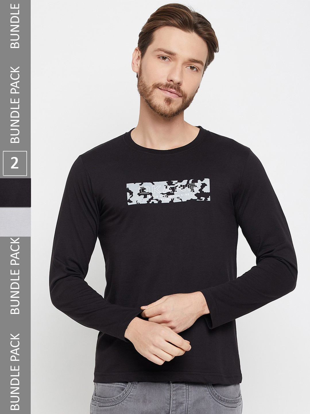 

Okane Pack Of 2 Printed Round Neck Cotton T-shirt, Black