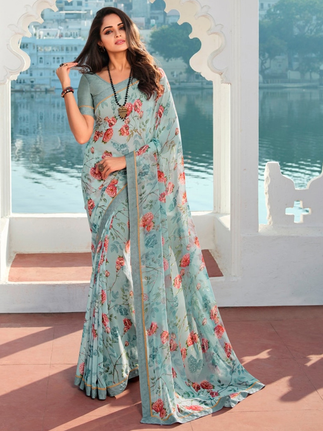 

VAIRAGEE Floral Printed Poly Georgette Saree, Turquoise blue