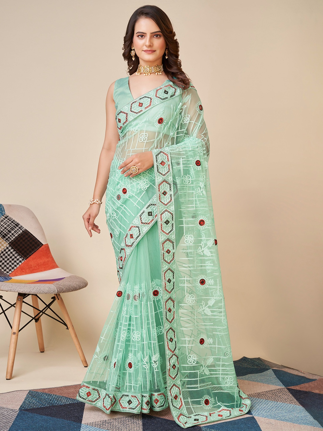 

VAIRAGEE Ethnic Motifs Embroidered Net Saree, Turquoise blue