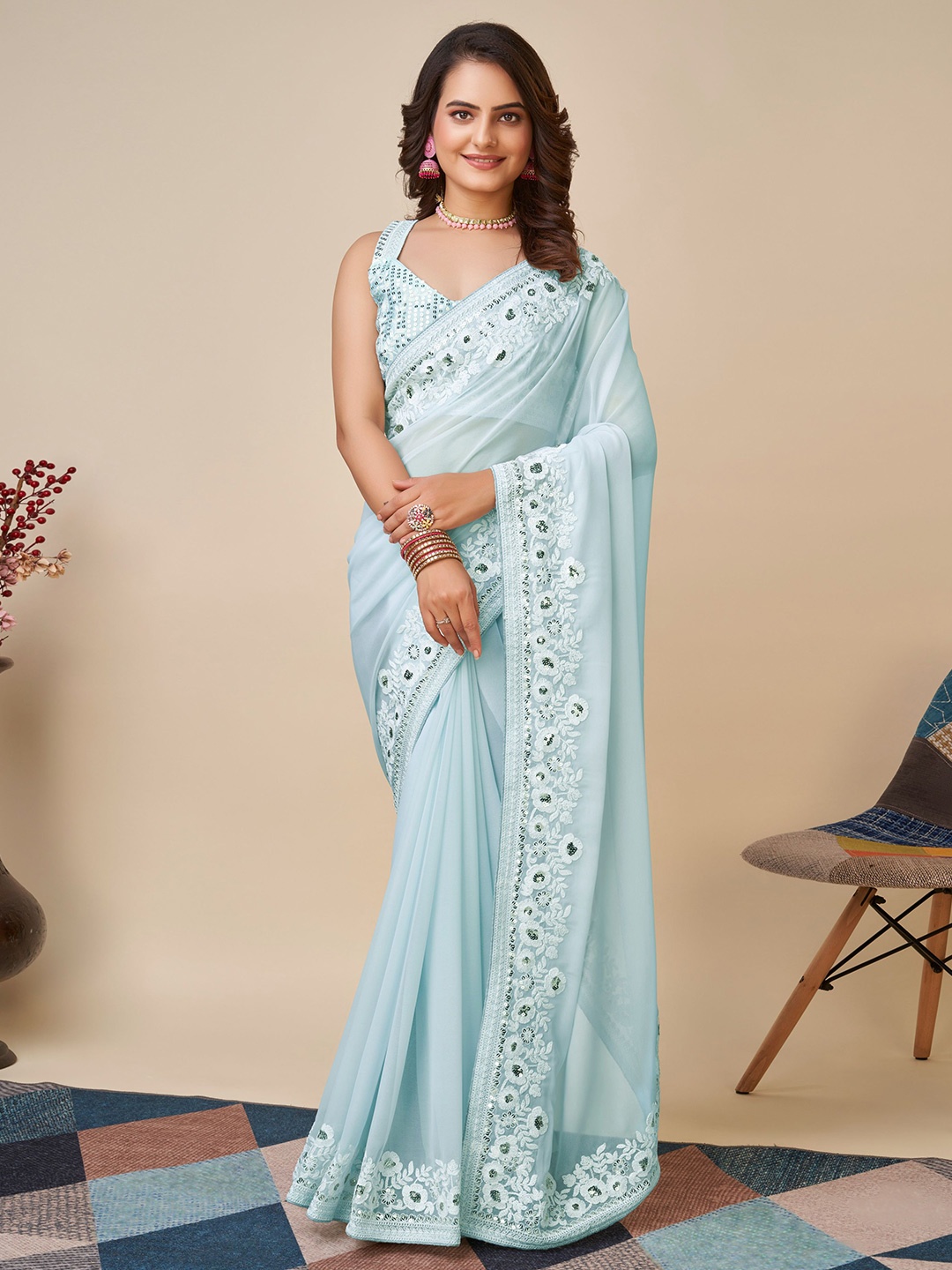 

VAIRAGEE Floral Embroidered Sequinned Poly Georgette Saree, Blue