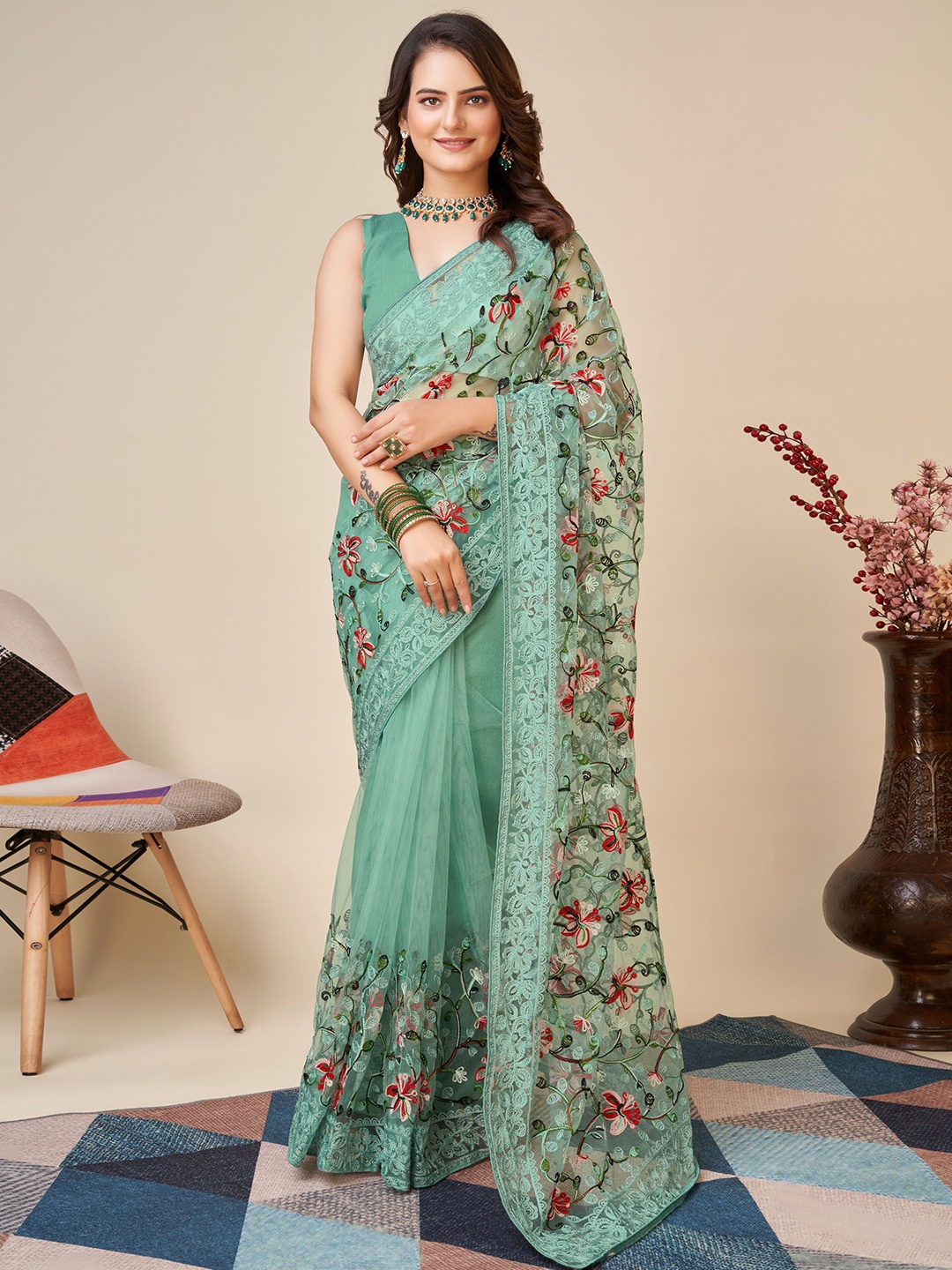 

VAIRAGEE Floral Embroidered Net Saree, Turquoise blue