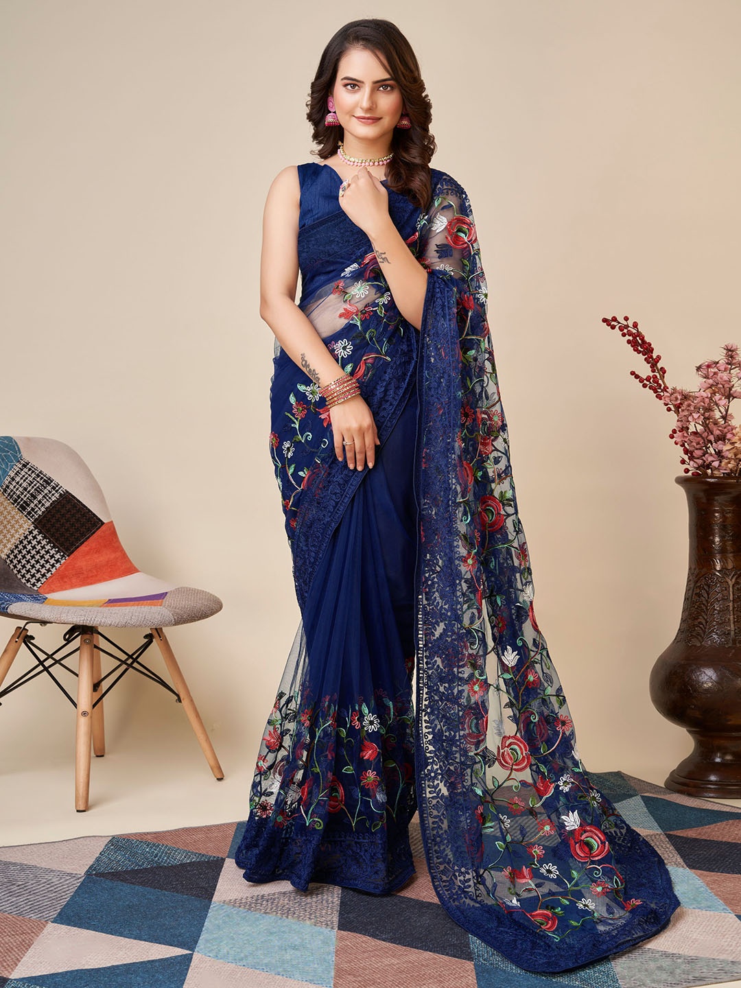 

VAIRAGEE Floral Embroidered Net Saree, Navy blue