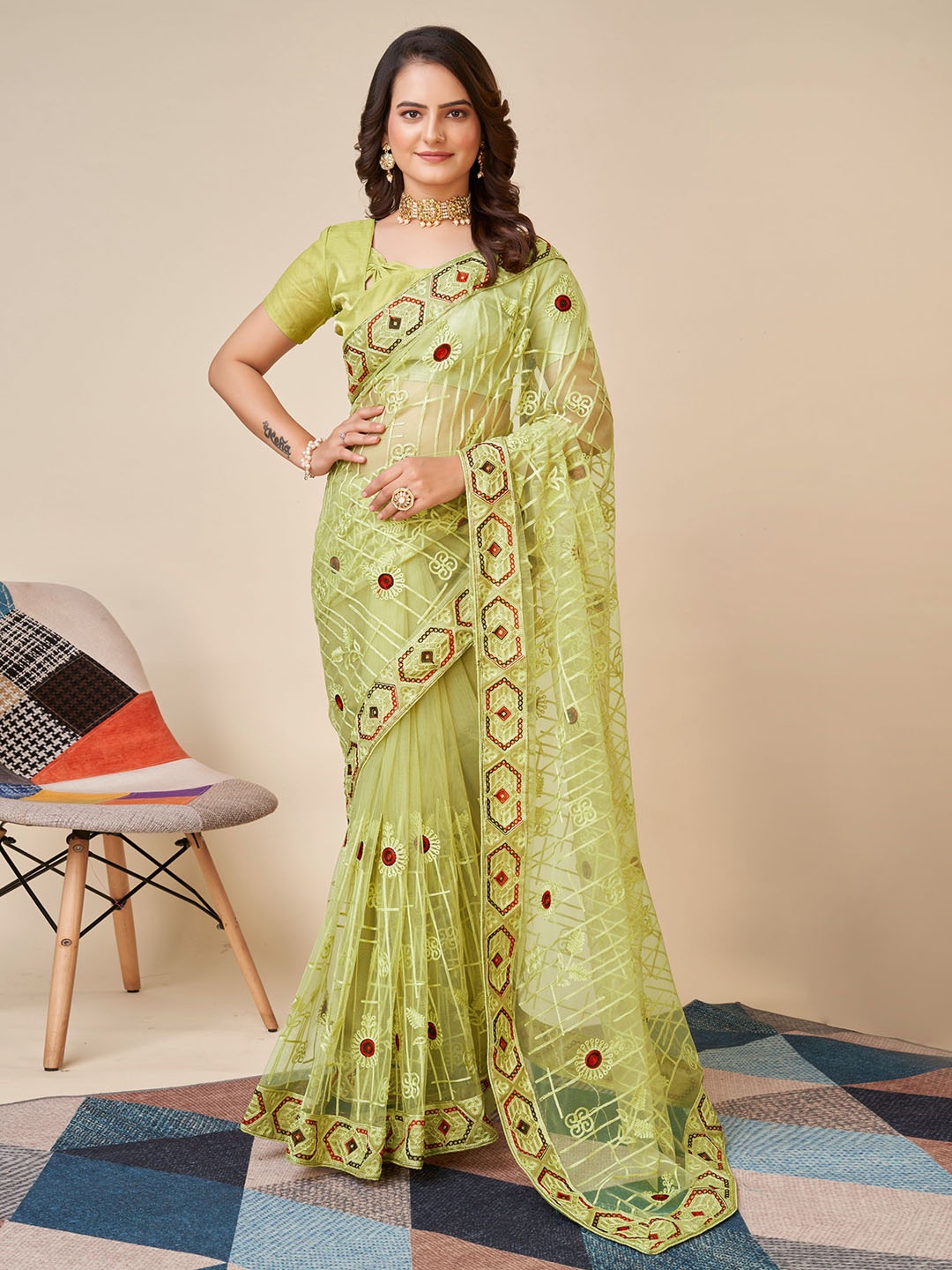 

VAIRAGEE Ethnic Motifs Embroidered Net Saree, Lime green