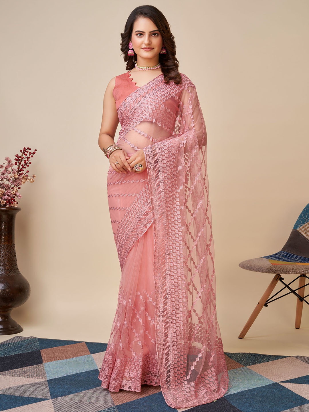 

VAIRAGEE Ethnic Motifs Embroidered Net Saree, Peach