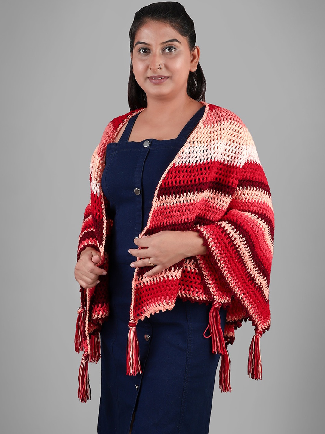 

Magic Needles Woven Design Shawl With Tassel, Red