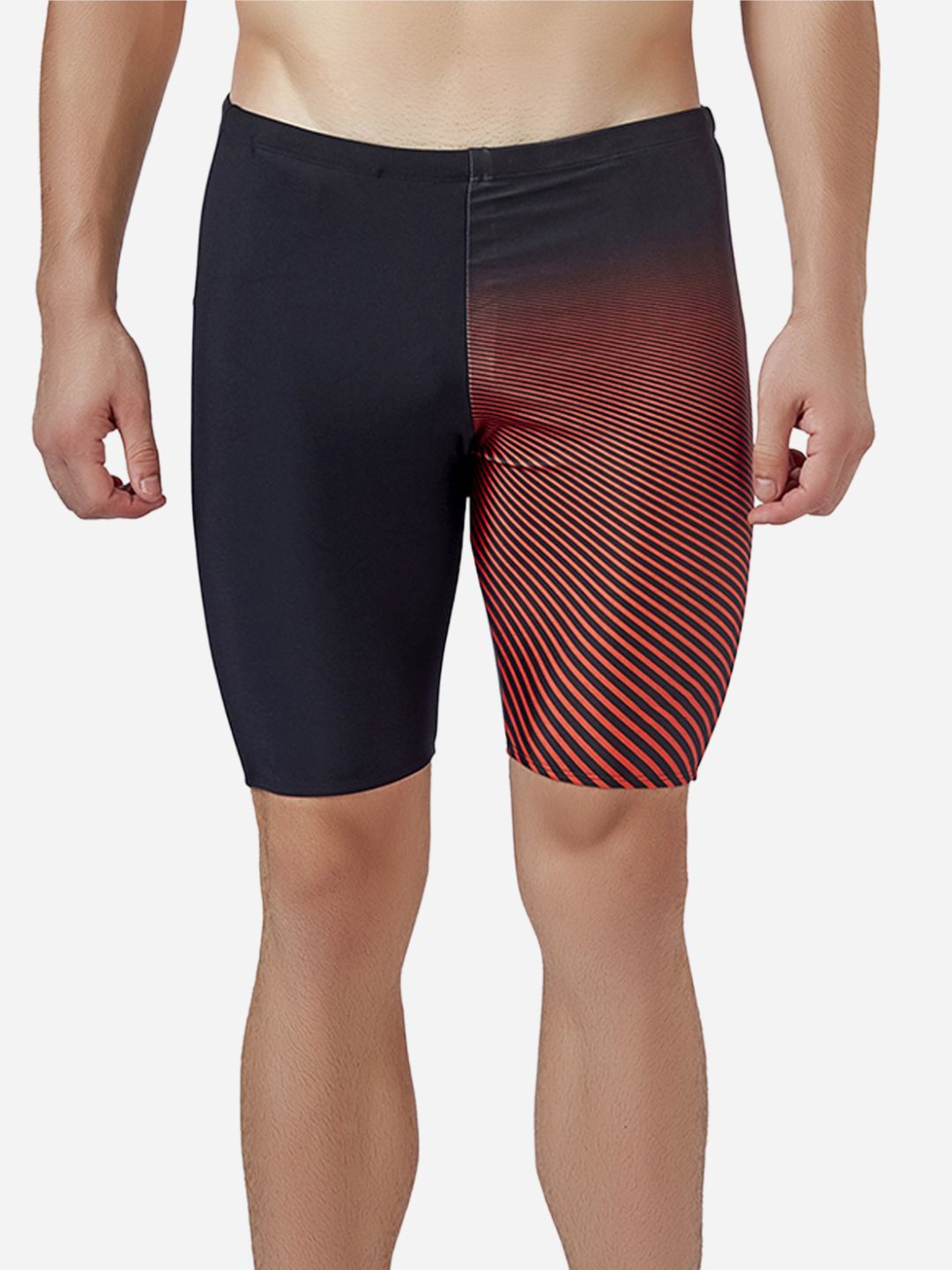 VELOZ Men Striped Jammer Mid Rise Swim Shorts, Red