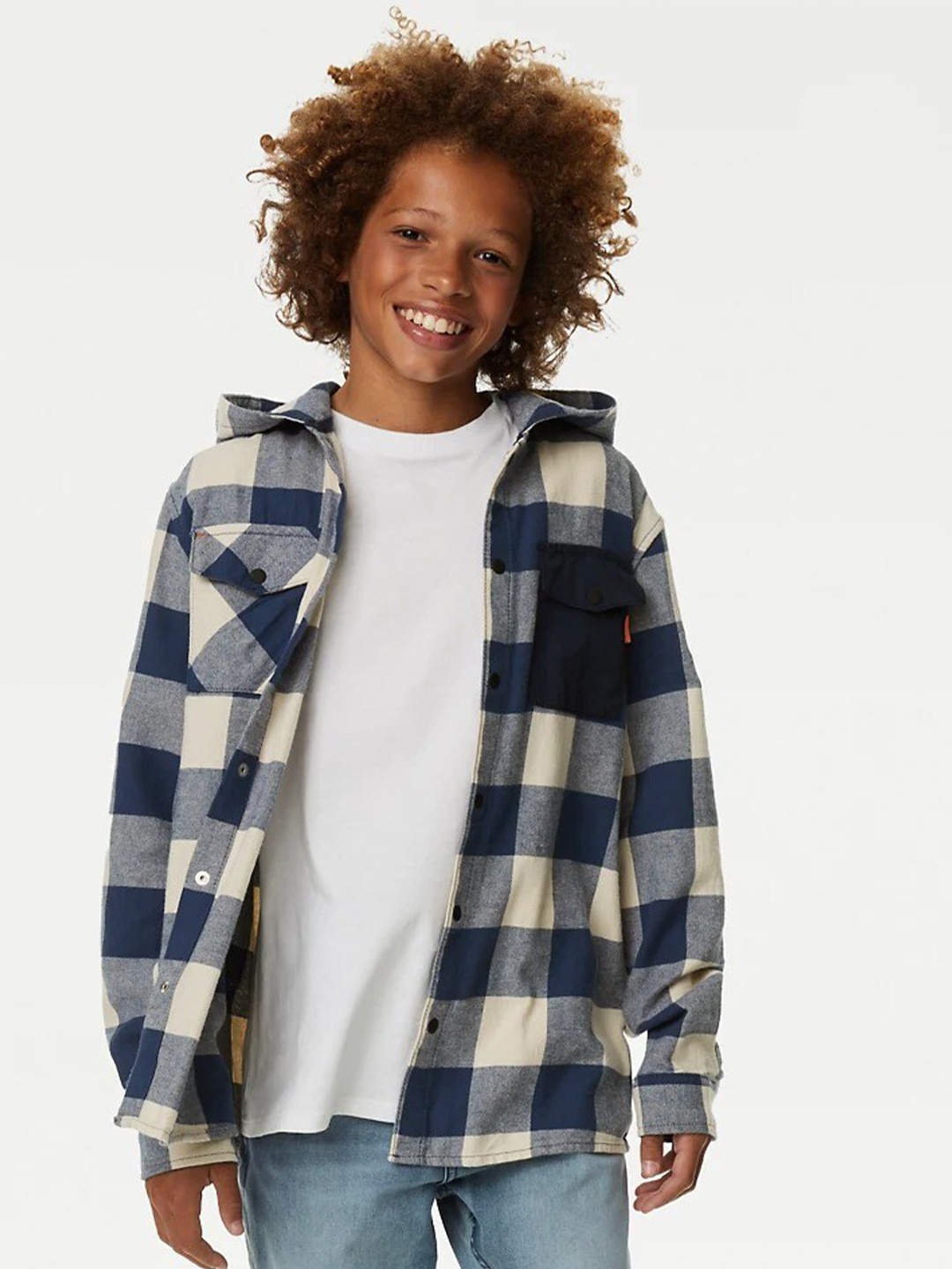 

Marks & Spencer Boys Checked Hooded Casual Pure Cotton Shirt, Navy blue