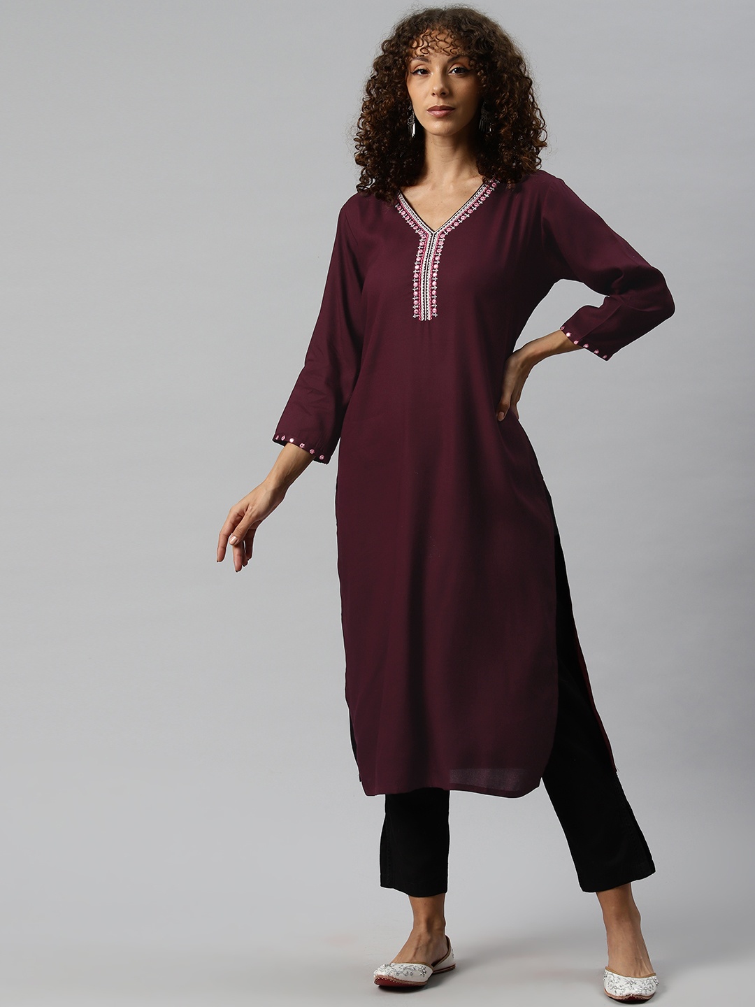 Readiprint Women Yoke Design Mirror Work Kurta, Burgundy