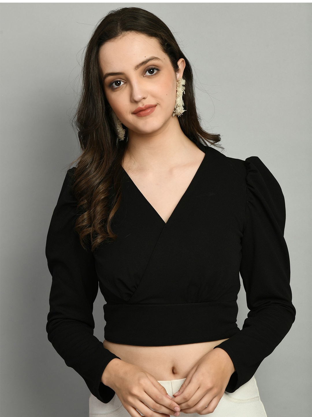 

Moshe V-Neck Puff Sleeve Wrap Crop Top, Black