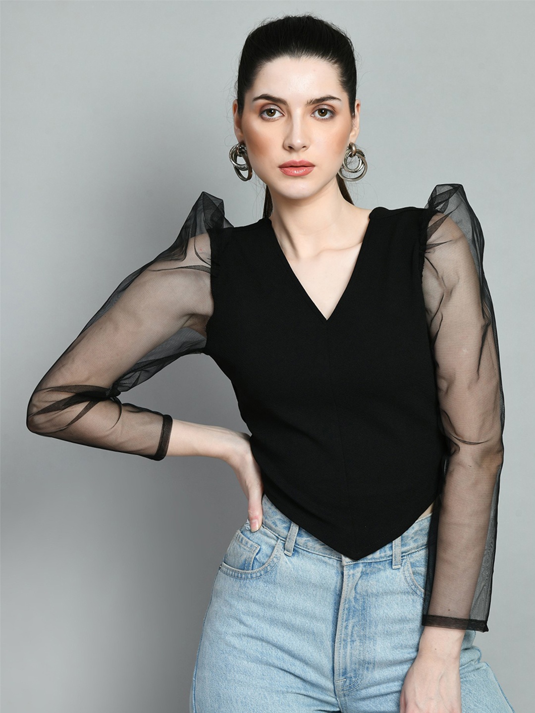 

Moshe V-Neck Puff Sleeves Top, Black