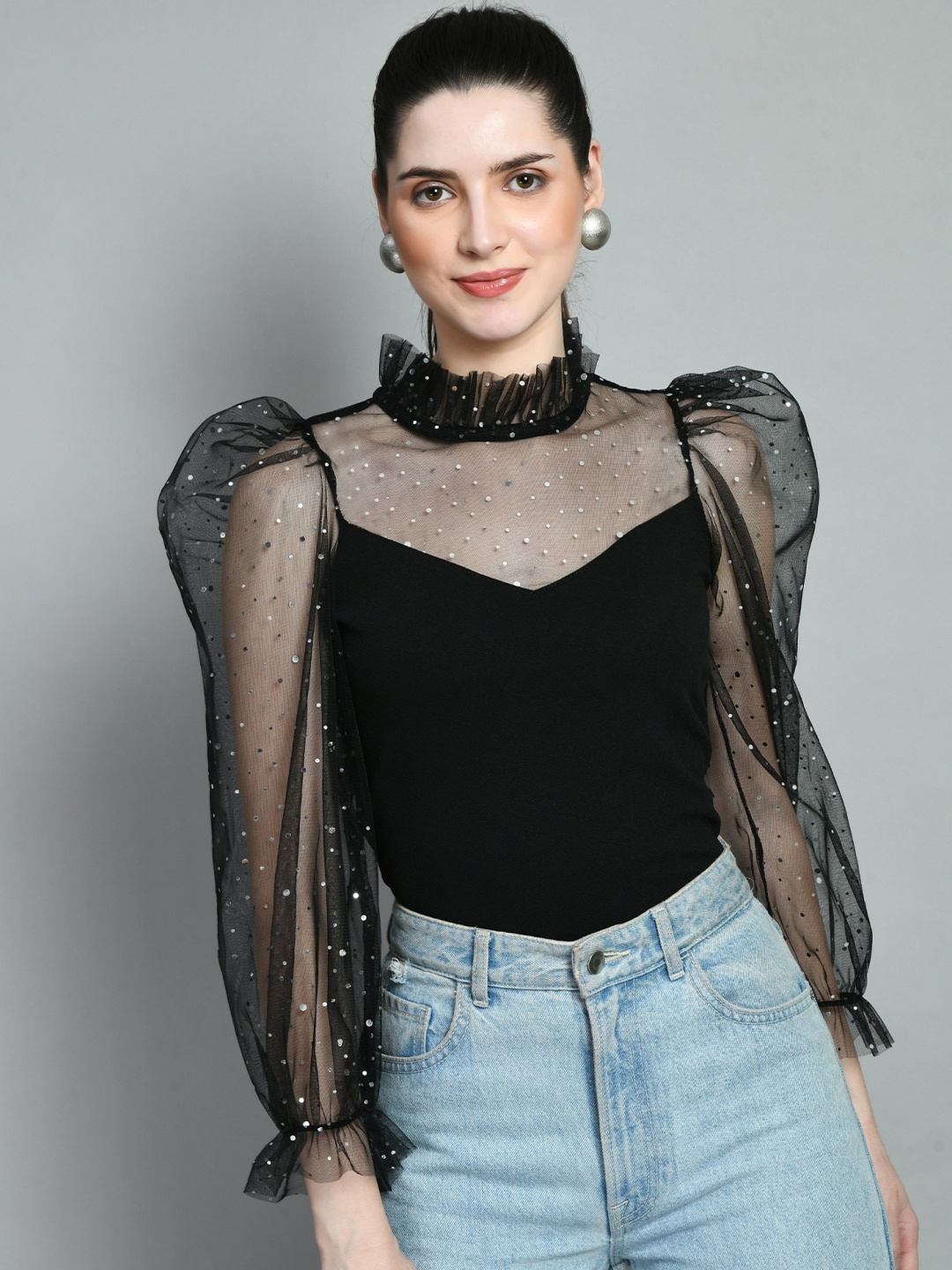 

Moshe High Neck Puff Sleeve Sheen Semi Sheer Bling & Sparkly Regular Top, Black