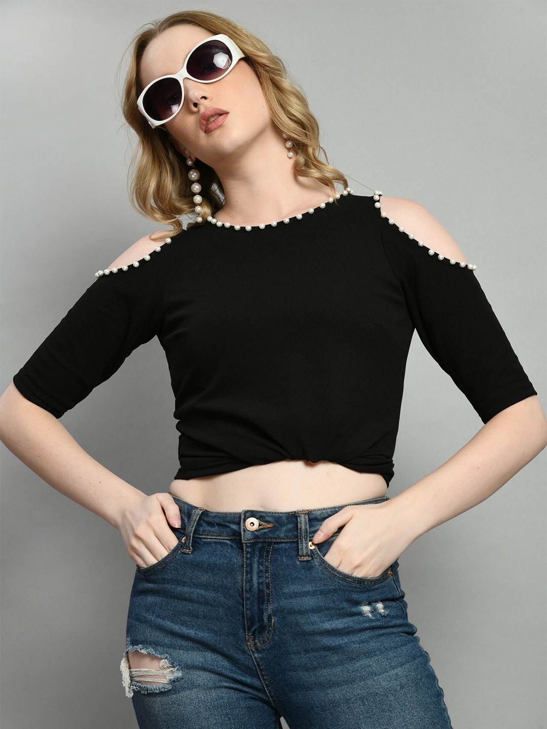 

Moshe Cold-Shoulder Sleeves Crop Top, Black