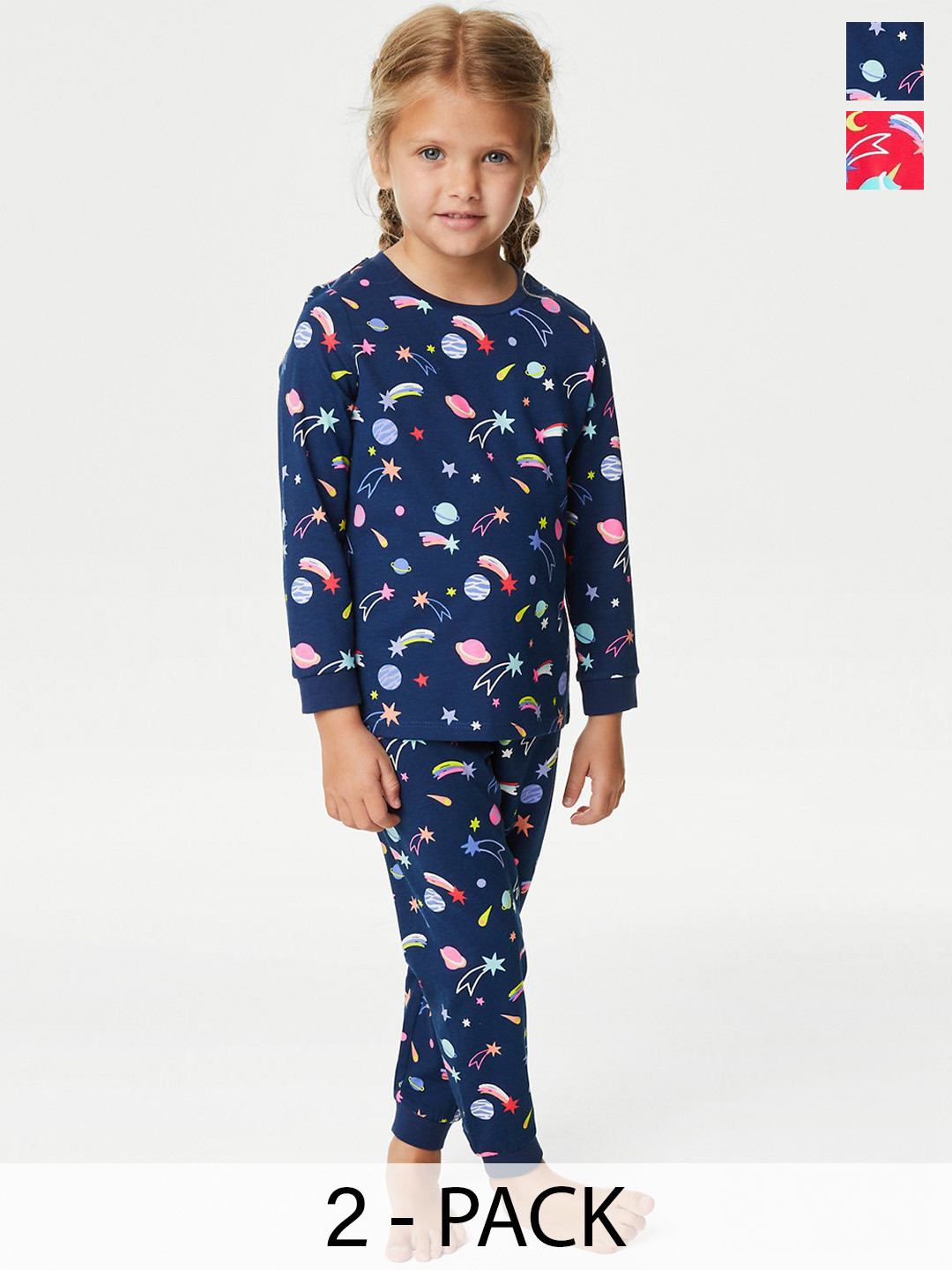 

Marks & Spencer Girls Pack Of 2 Graphic Printed Pure Cotton Night suits, Navy blue
