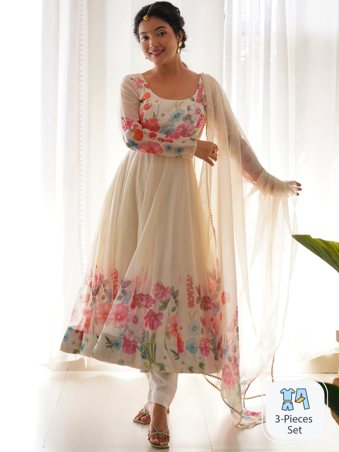 

KALINI Floral Printed Regular Gotta Patti Pure Organza Kurta with Trousers & Dupatta, Off white