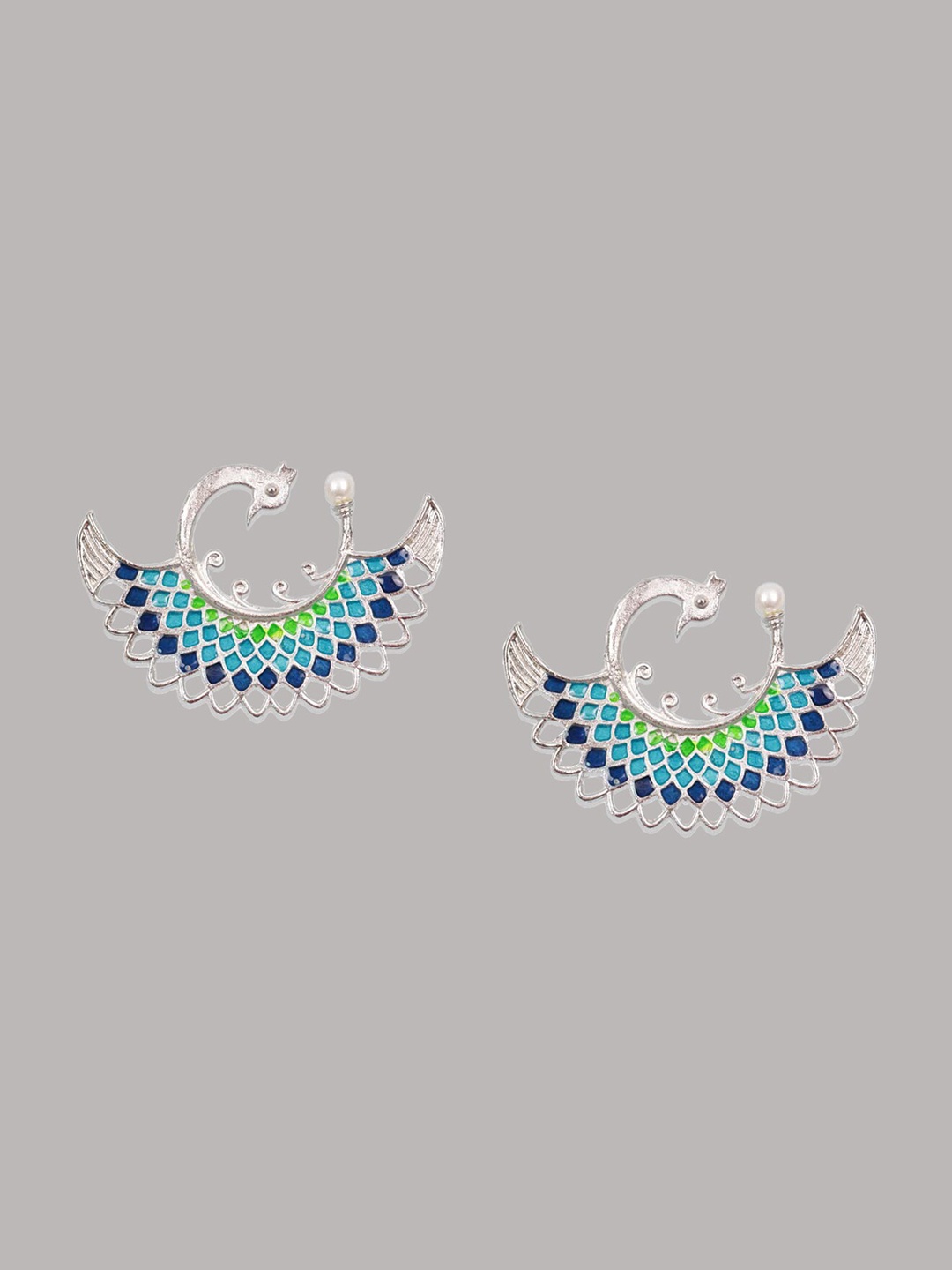 

FIMBUL Silver-Plated Stone-Studded Peacock-Shaped Stud Earrings