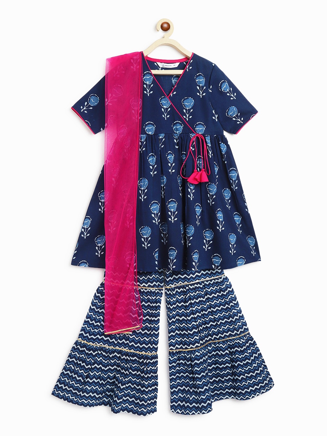 

Campana Girls Ethnic Motifs Printed Angrakha Pure Cotton Kurta & Sharara With Dupatta, Navy blue