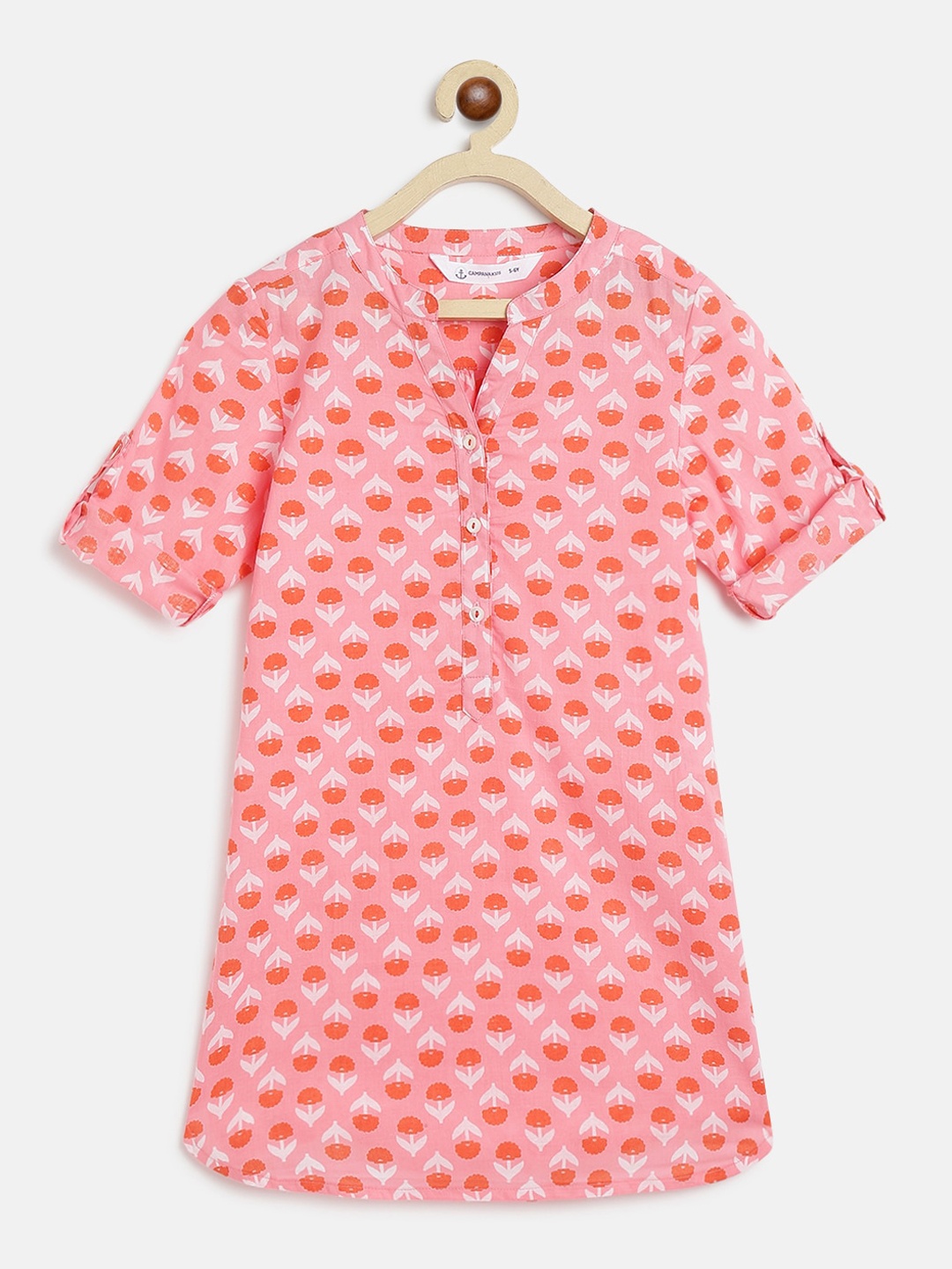 

Campana Girls Floral Printed Roll-Up Sleeves Cotton A-line Kurta, Pink