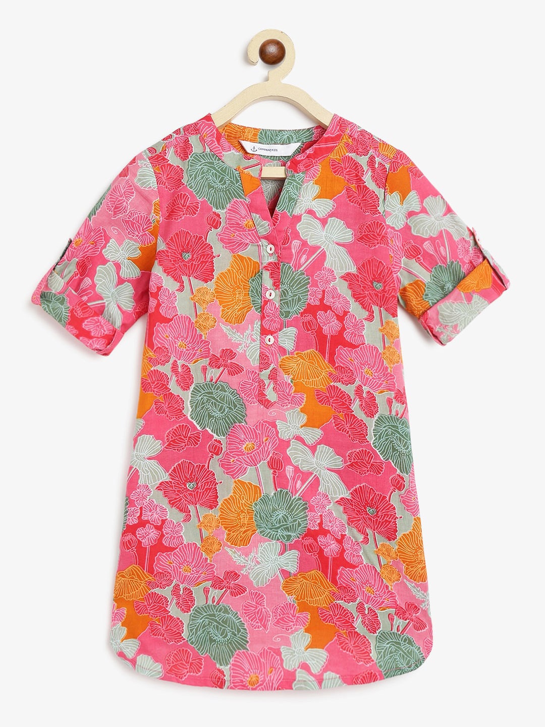 

Campana Girls Floral Printed Mandarin Collar Cotton Kurta, Pink