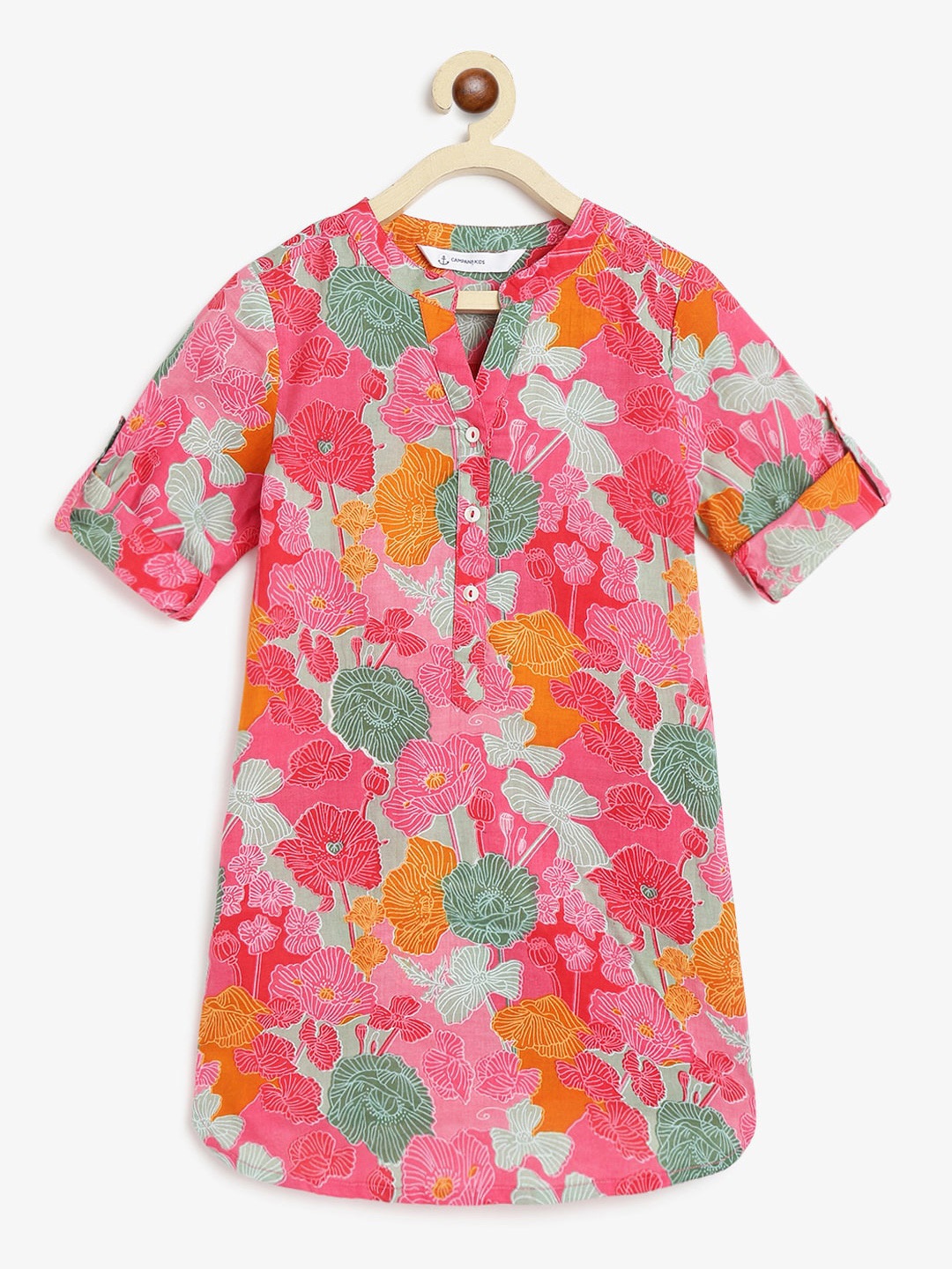

Campana Girls Floral Printed Mandarin Collar Cotton Kurta, Pink