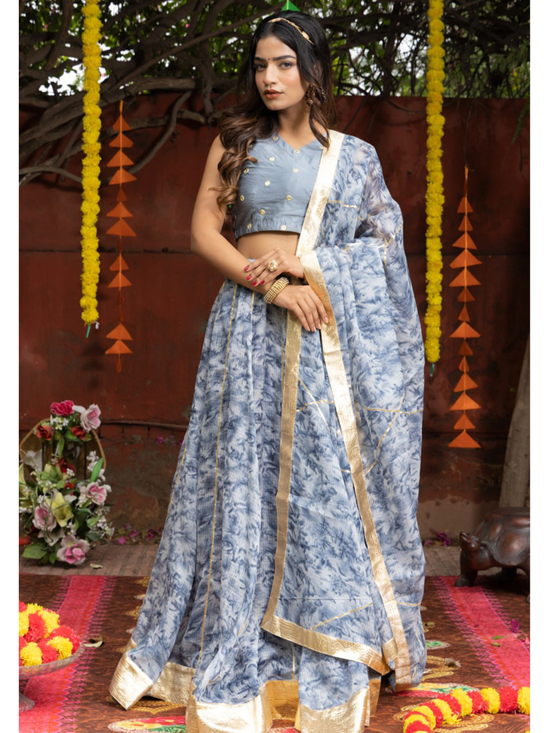 

Indi INSIDE Tie and Dye Ready to Wear Lehenga & Unstitched Blouse With Dupatta, Grey
