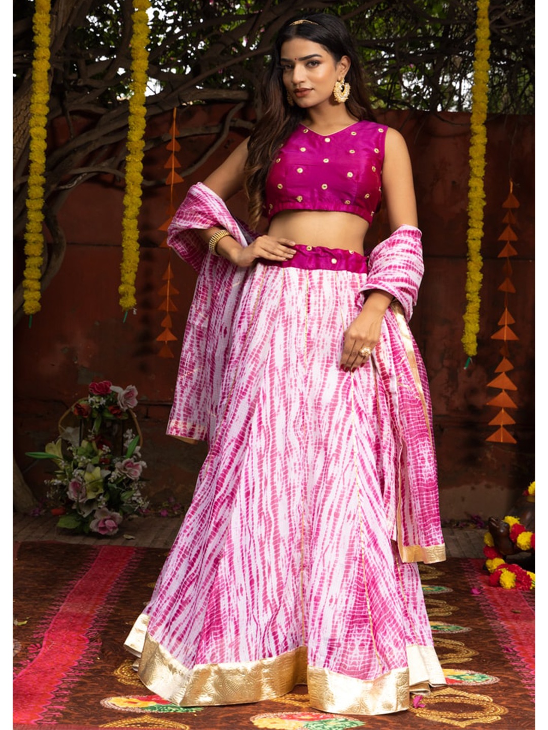 

Indi INSIDE Embroidered Tie and Dye Ready to Wear Lehenga & Unstitched Blouse With Dupatta, Magenta