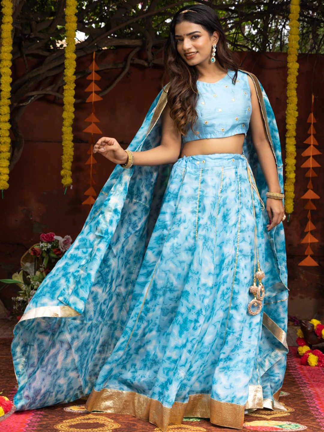 

Indi INSIDE Tie and Dye Ready to Wear Lehenga & Unstitched Blouse With Dupatta, Blue