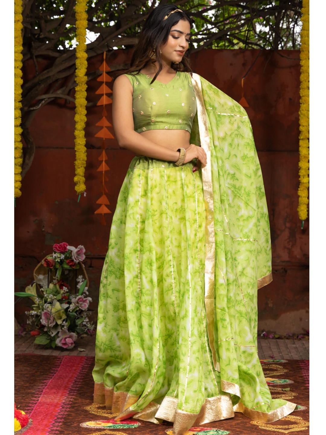 

Indi INSIDE Tie and Dye Ready to Wear Lehenga & Unstitched Blouse With Dupatta, Green