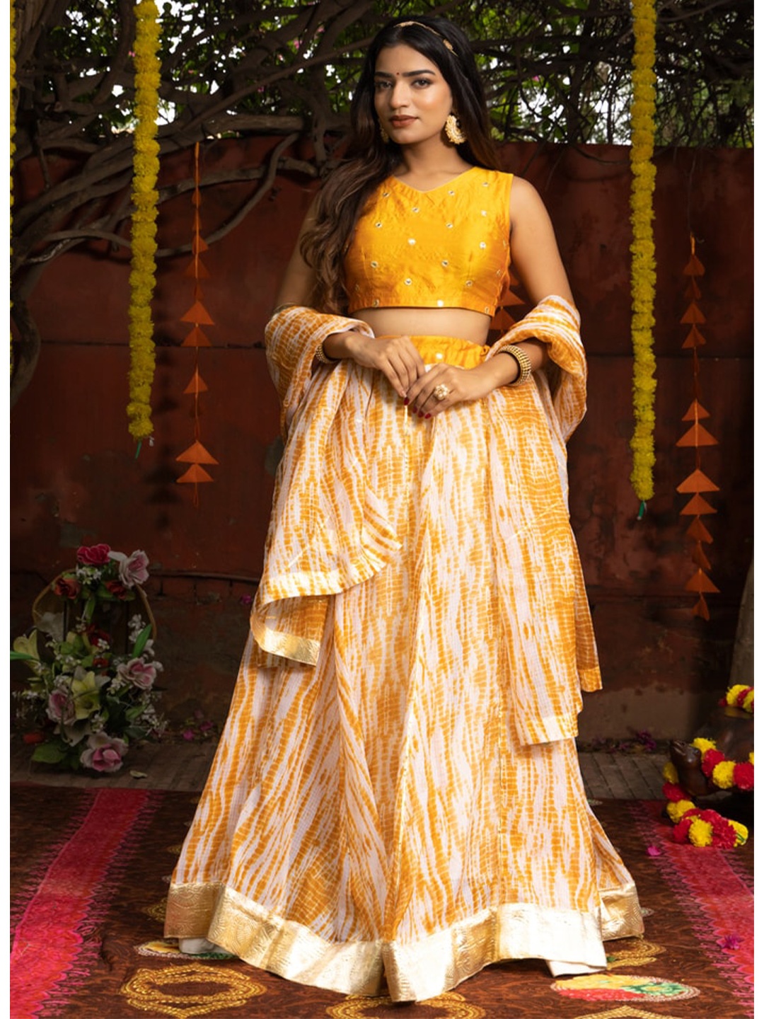

Indi INSIDE Tie and Dye Ready to Wear Lehenga & Unstitched Blouse With Dupatta, Mustard