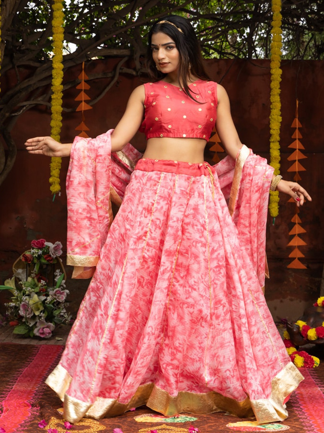 

Indi INSIDE Embroidered Tie and Dye Ready to Wear Lehenga & Unstitched Blouse With Dupatta, Coral