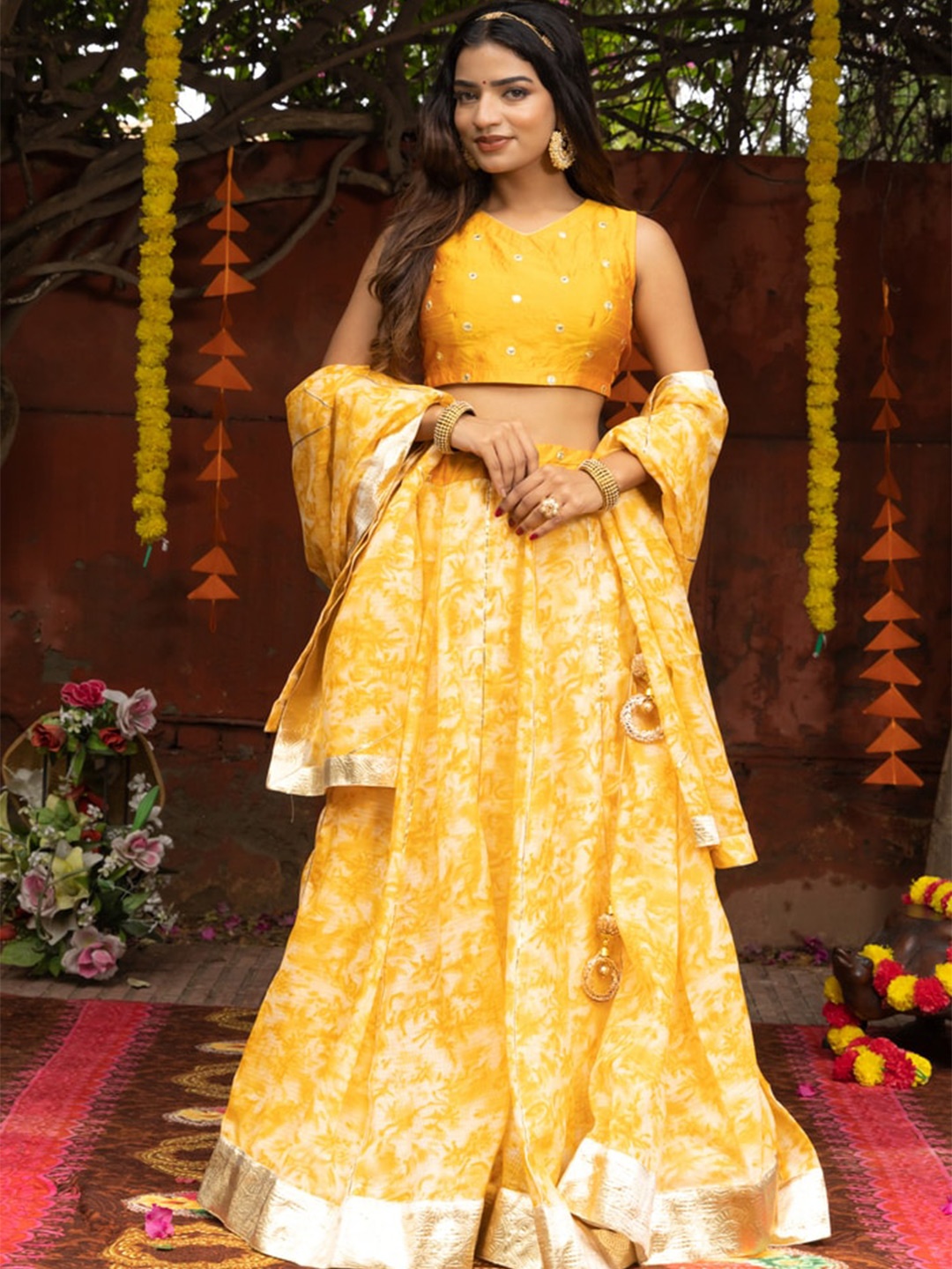 

Indi INSIDE Embroidered Tie And Dye Ready To Wear Lehenga & Unstitched Blouse With Dupatta, Mustard