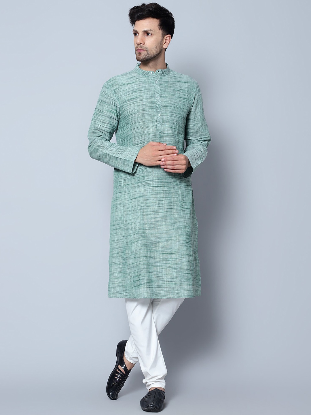 

Latest Chikan Garments Striped Mandarin Collar Kurta, Green