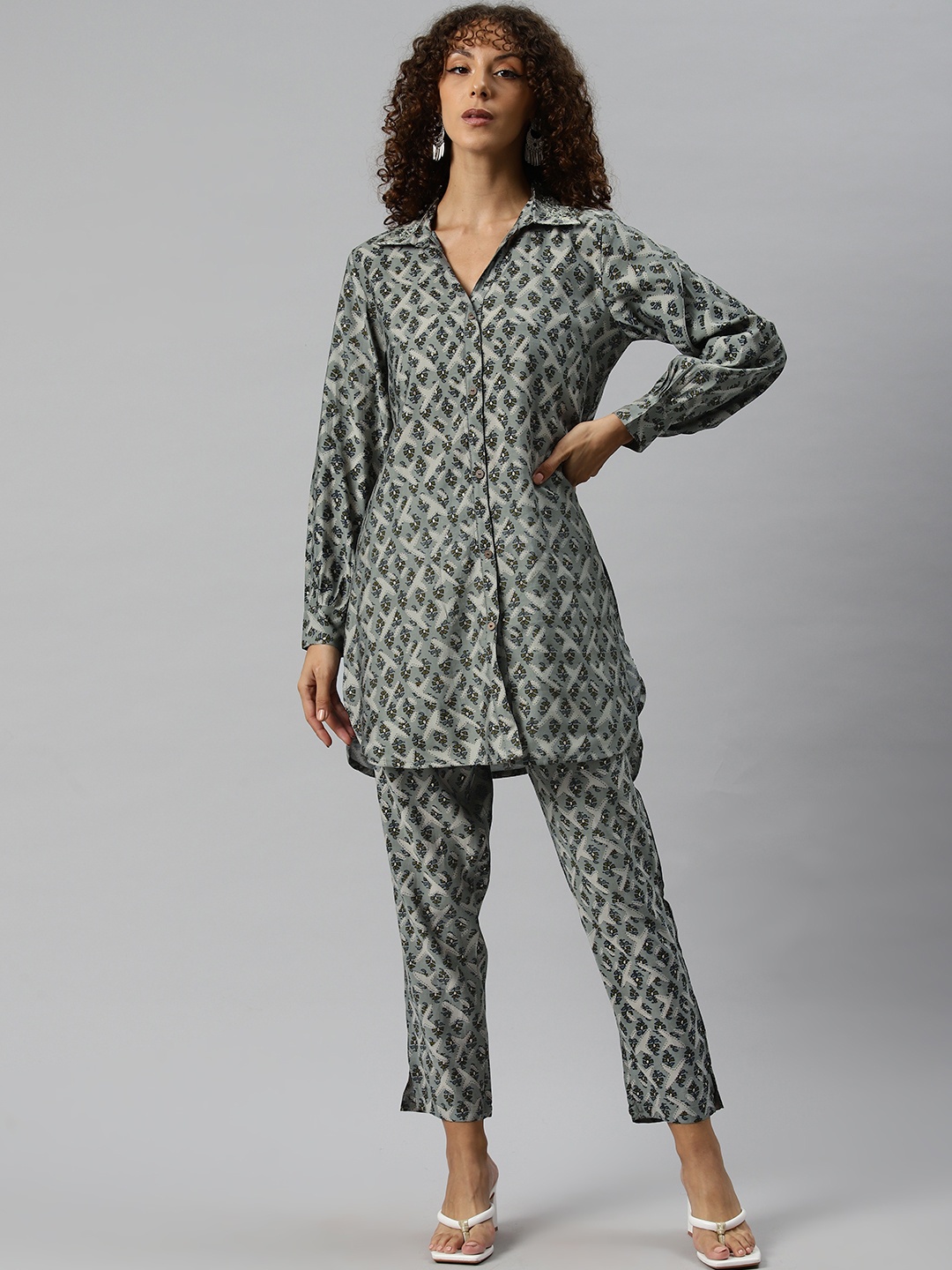 

Off Label Women Printed Shirt with Palazzos, Grey