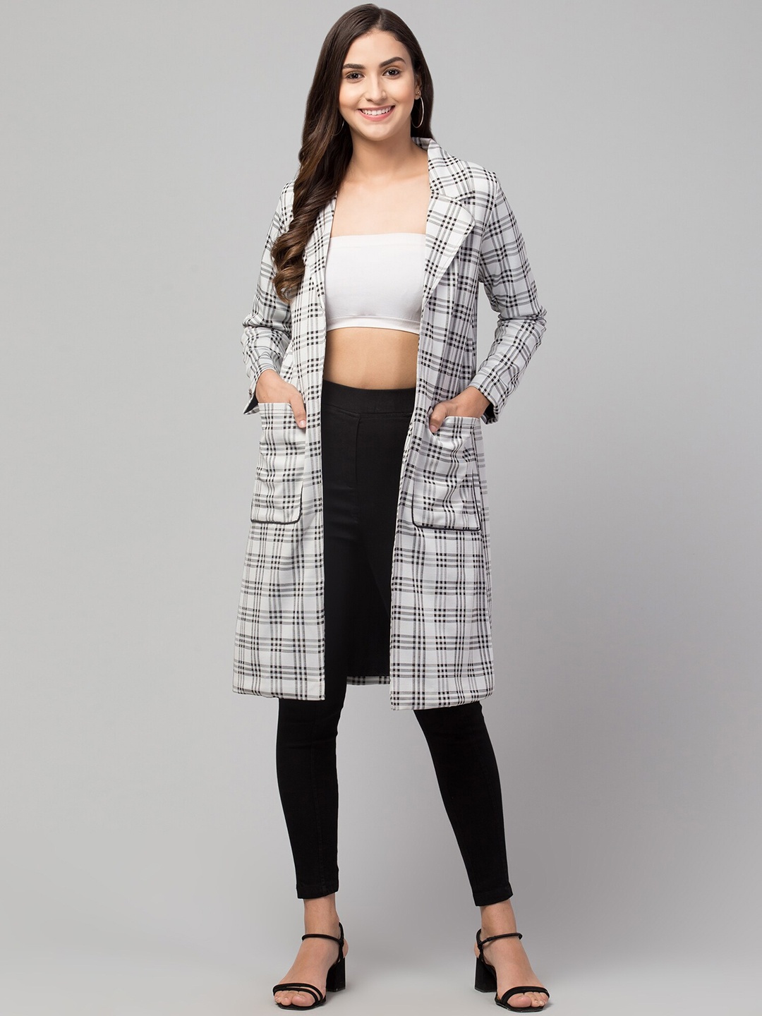 

Chemistry Notched Lapel Checked Front-Open Cotton Overcoat, White