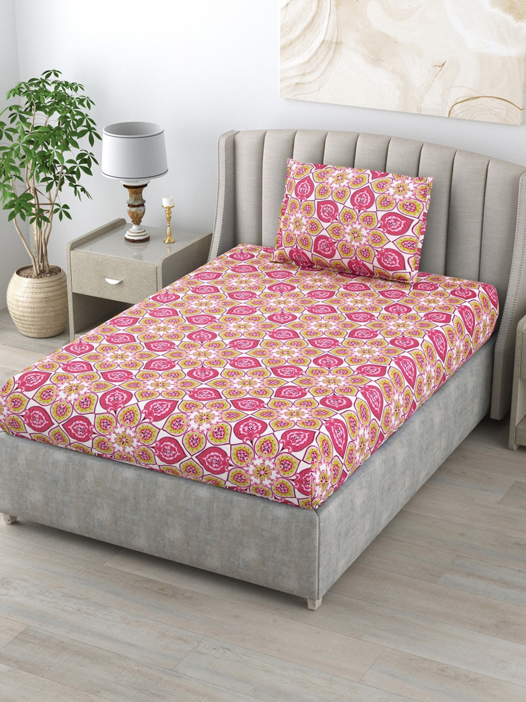 

BOMBAY DYEING Dream Lover Pink Floral Cotton 104 TC Single Bedsheet With 1 Pillow Cover
