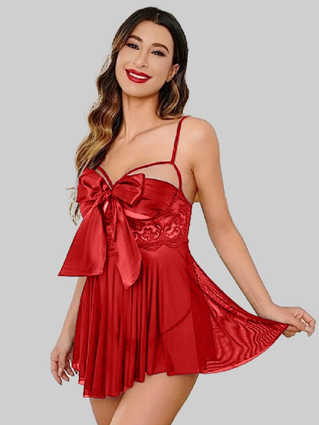 

VAGHBHATT Self Design Net Baby Doll, Red