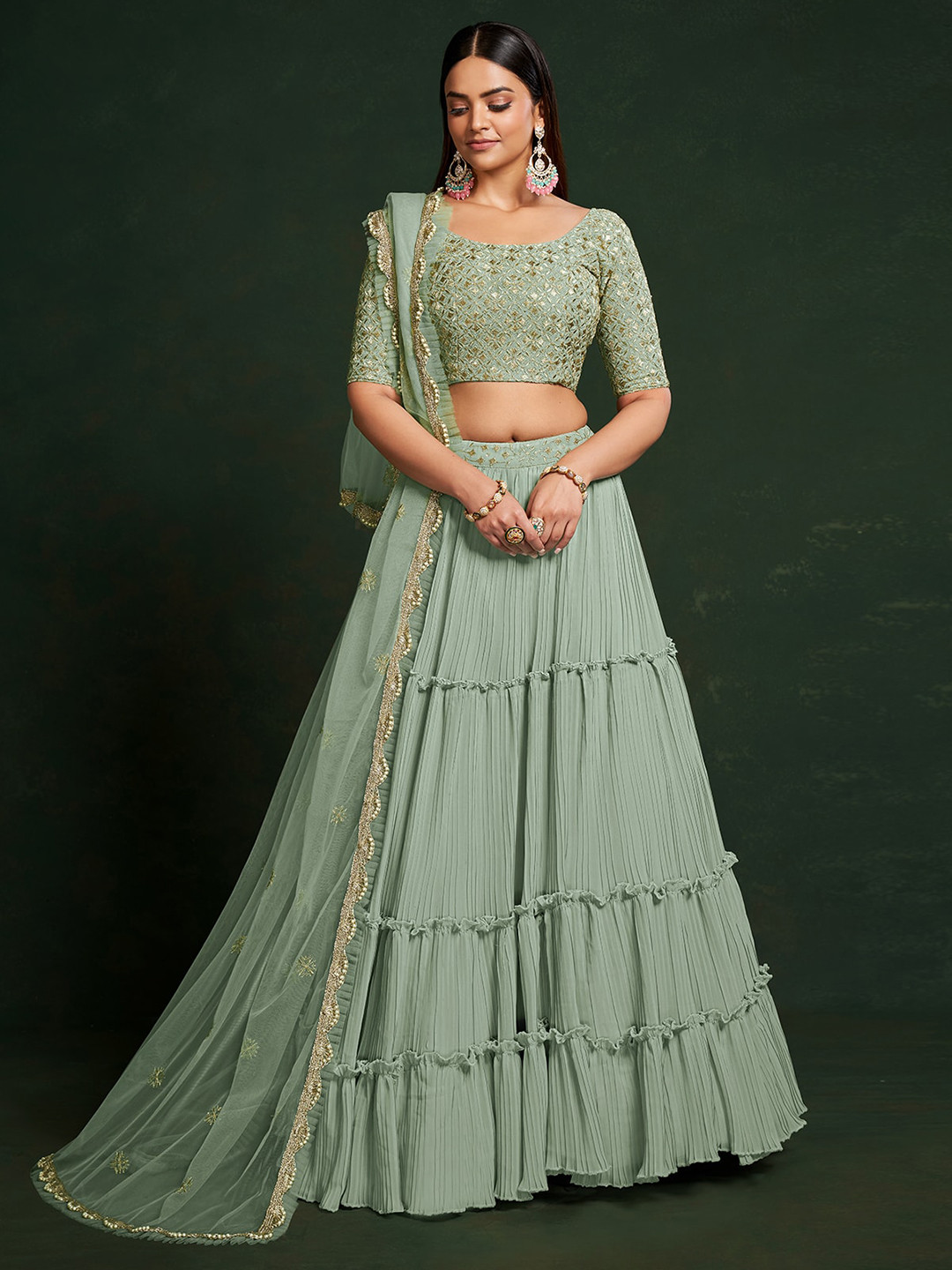 

ODETTE Embroidered Semi-Stitched Lehenga & Unstitched Blouse With Dupatta, Sea green